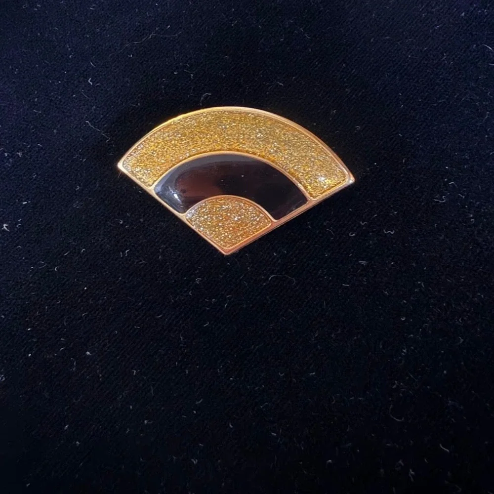 Vintage Art Deco Fan Brooch Gold Tone Glitter Black Enamel Geometric Pin MCM